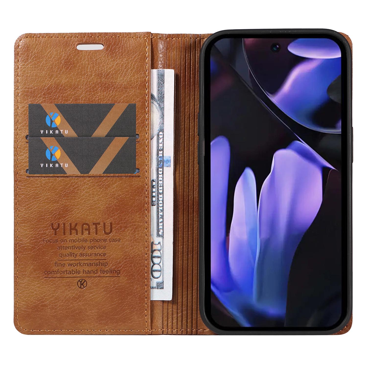 

For Google Pixel 9a Case Magnetic Closure Leather Phone Cover Litchi Texture Brown