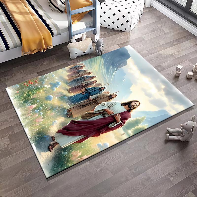 Biblical Scene with Followers on Path, Non-slip rug suitable for living room and bedroom sofas.