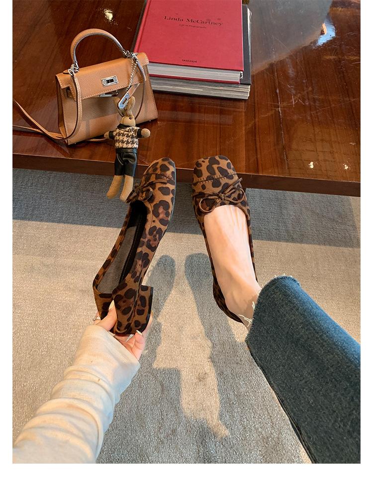 Super soft lambskin leopard print genuine leather Mary Jane single shoes women's French bow ballet style flat shoes soft-soled ladyshoes