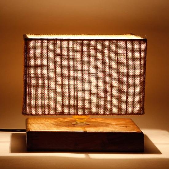 18.79 Cm Square Beige Jute Shade Table Lamp with Wood Base Home Decor, Office, Room, Study Room Decor
