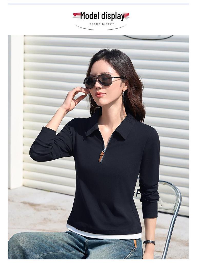 Damen Schlankmachendes Baumwoll Langarm Reißverschluss Revers T-Shirt