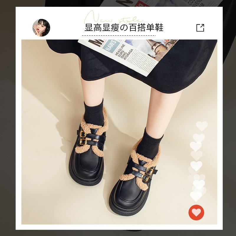 British style loafers women's new thick-heeled small leather shoes winter velvet retro single shoes trend