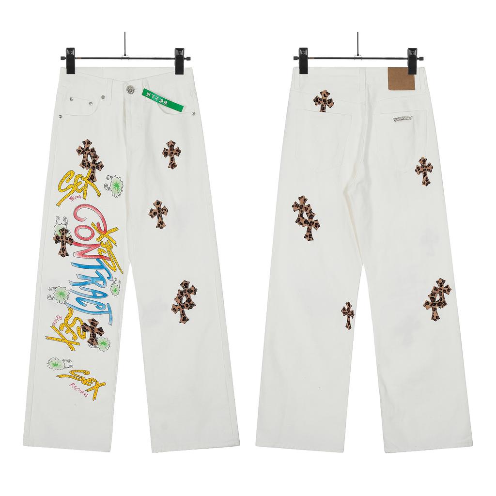 7704 CHROME HEARTS Pánské a dámské trendy džíny v americkém stylu s látkovými nášivkami, ležérní a módní high street kalhoty