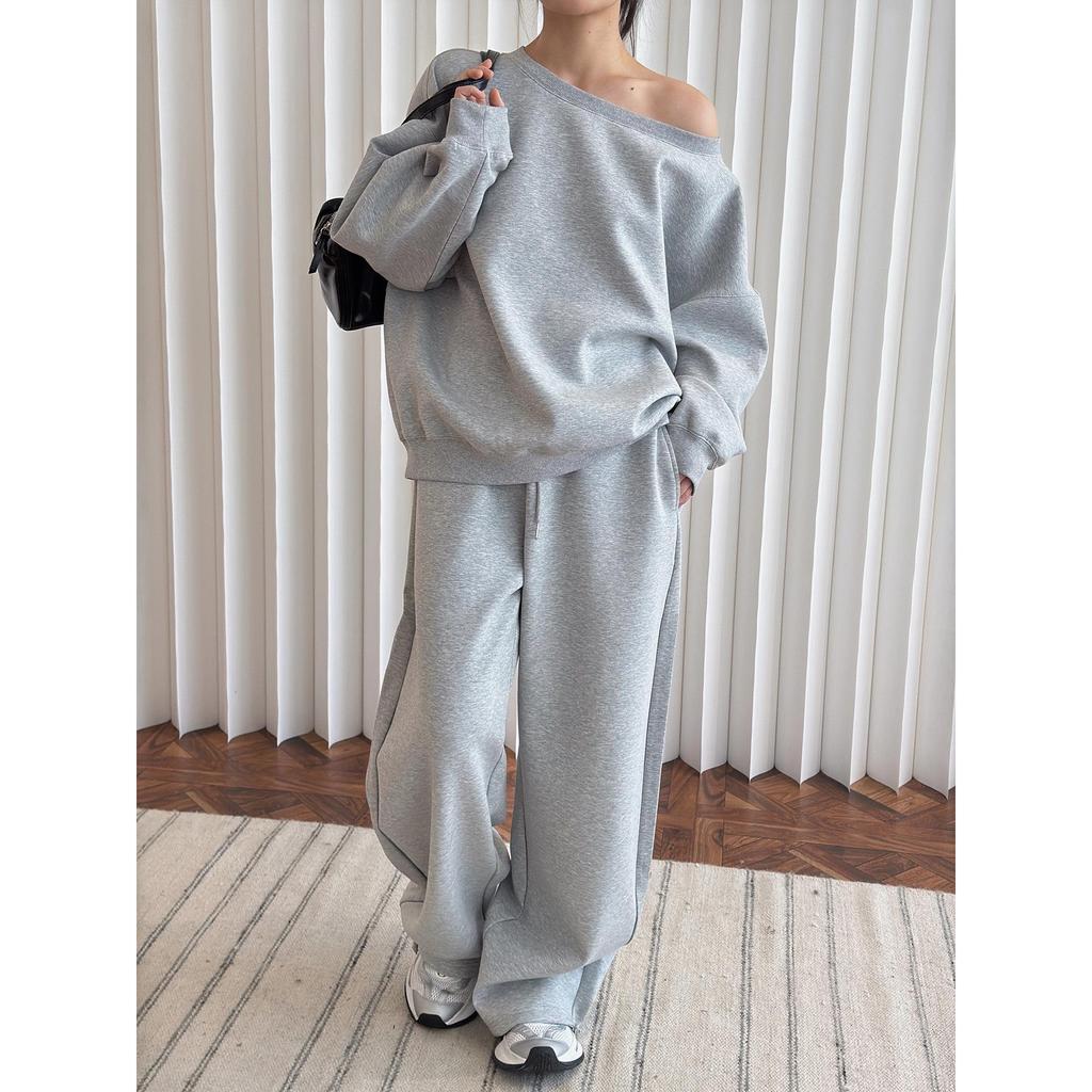 Louvre Spring Korean Athflow One-Shoulder Relaxed Sweatshirt for Women