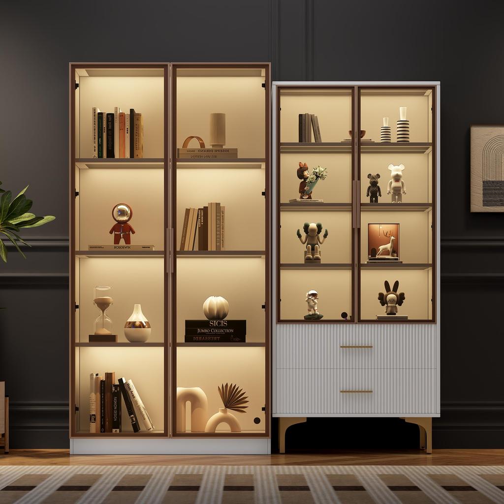 Glass Display Case LED Lighting, Two-Part White, Adjustable Shelves, 2 Drawers, Modern Bookcase Standing Display Case Office Cabinet