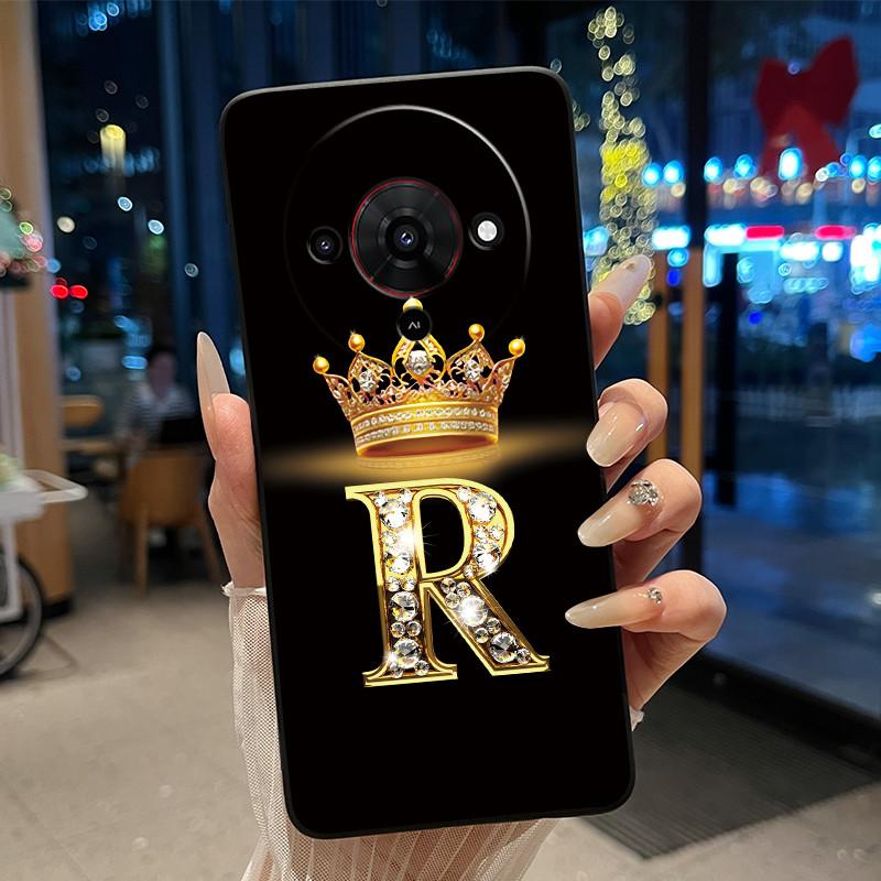 Elegant Simple Crown Initial Letter Case For ZTE Blade A76 5G Soft Silicone Black Case Shockproof Shell ZTE Blade A76 5G Casing
