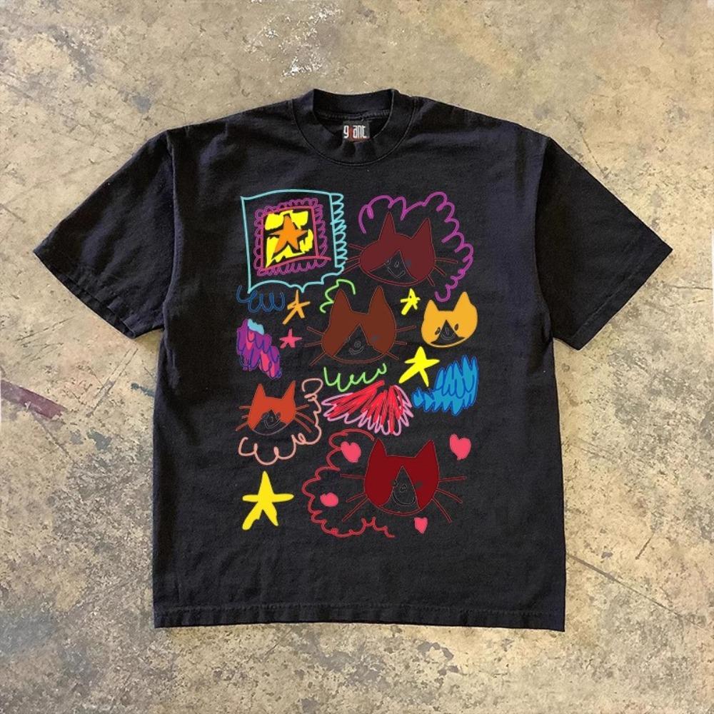 Cloud Cat Art Graffiti Print Niche Shortsleeved Tshirt for Unisex and Women Trendy Casual Aesthetic Clothes Women Clothes