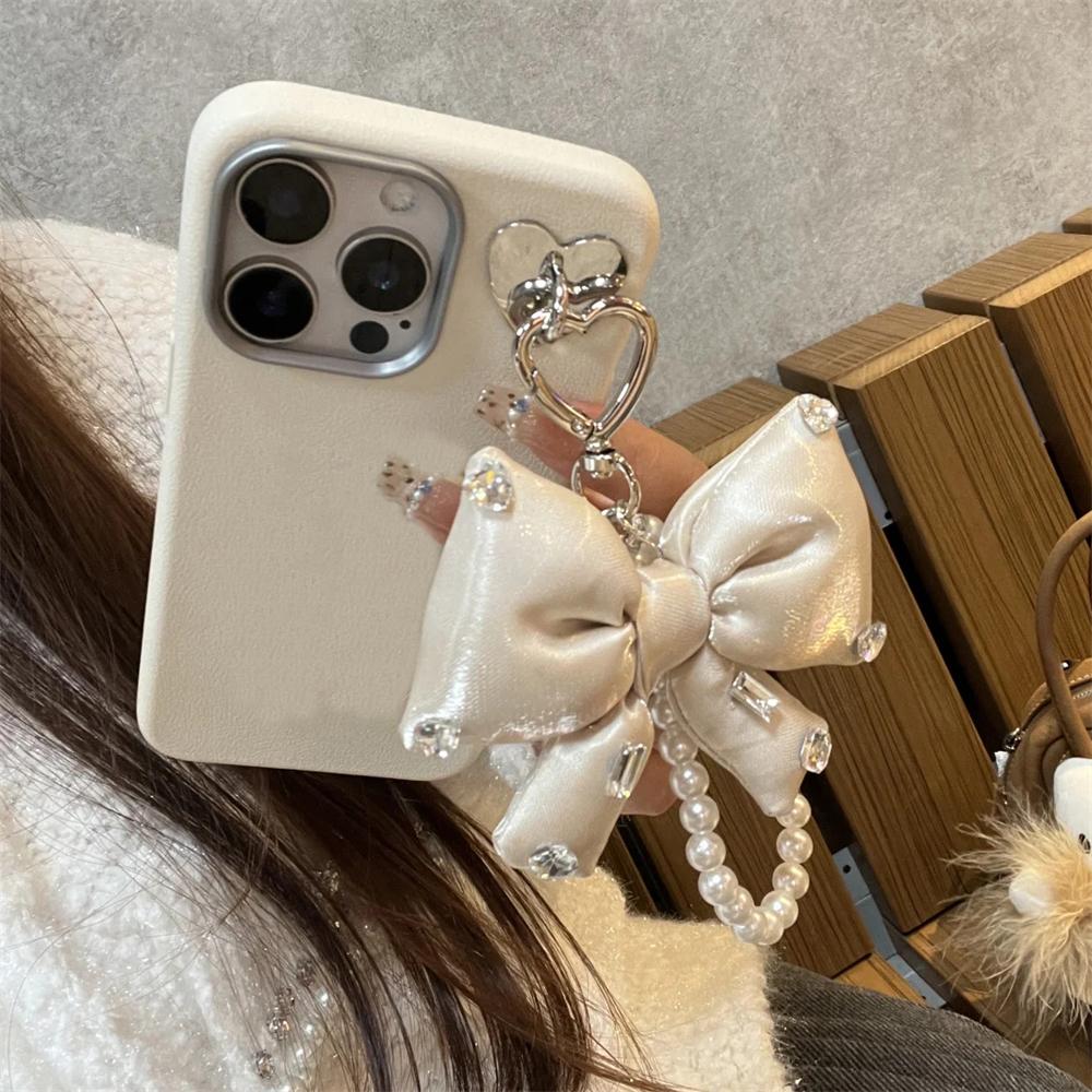 Korea Cute 3D Ribbon Bow Pearl TPU Phone Case For iPhone 16 15 14 13 12 11 Pro Max Lovely Matte Shockproof Soft Cover Coque
