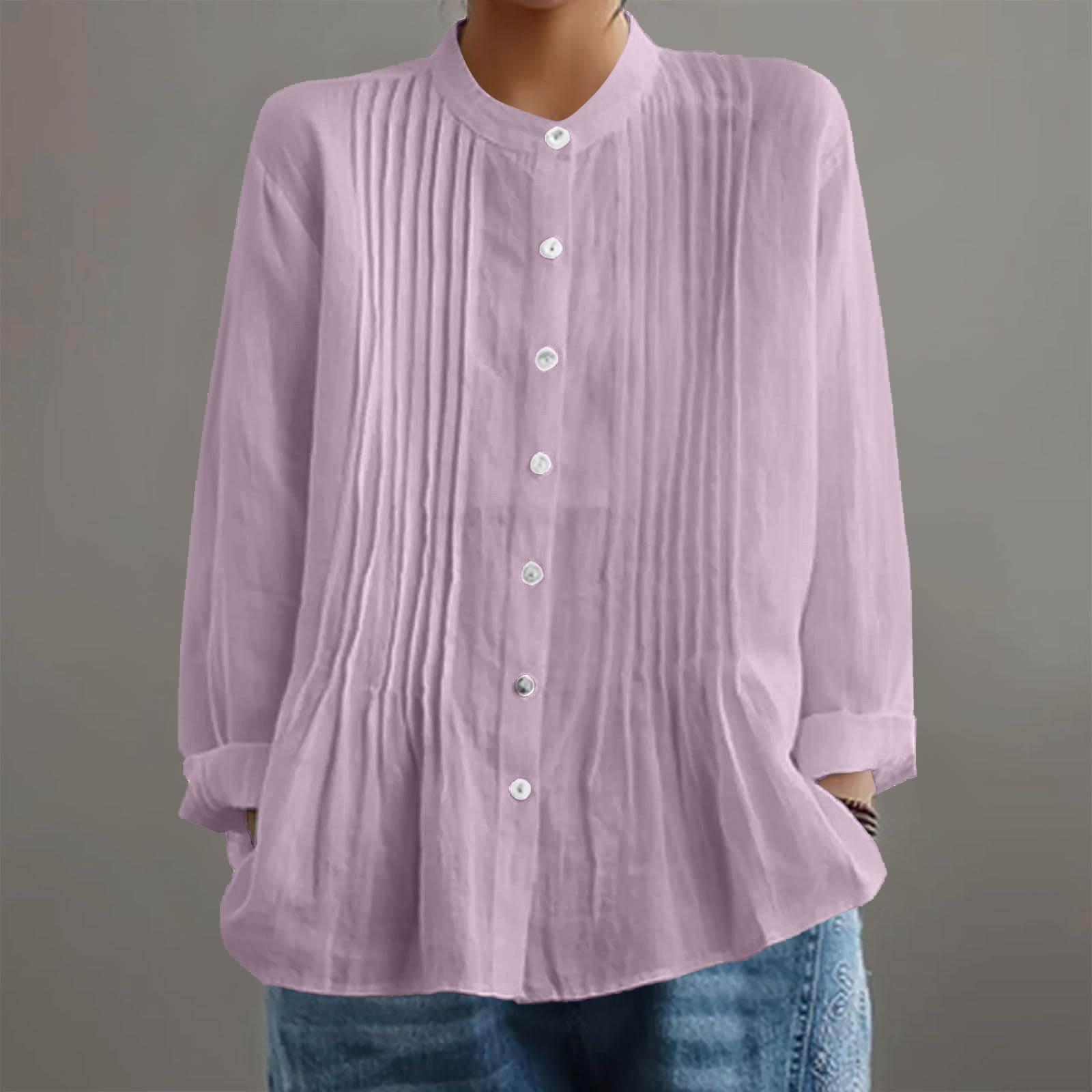 

Women s Fashion Long Sleeve Cotton Linen V-Neck Shirt Loose Casual Lapel Tops L фіолетовий