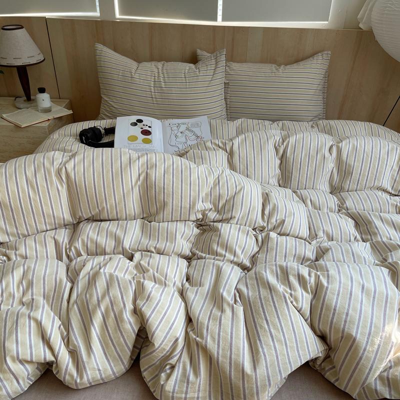 Ins Nordic Bedding Set Striped Pure Cotton Duvet Cover Set Skin-Friendly Single Twin Full Queen Size Flat & Fitted Sheets Set