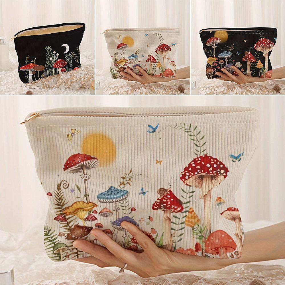 New Mushroom Print Cosmetic Bag Zipper Corduroy Storage Bag Large Capacity Coin Purse