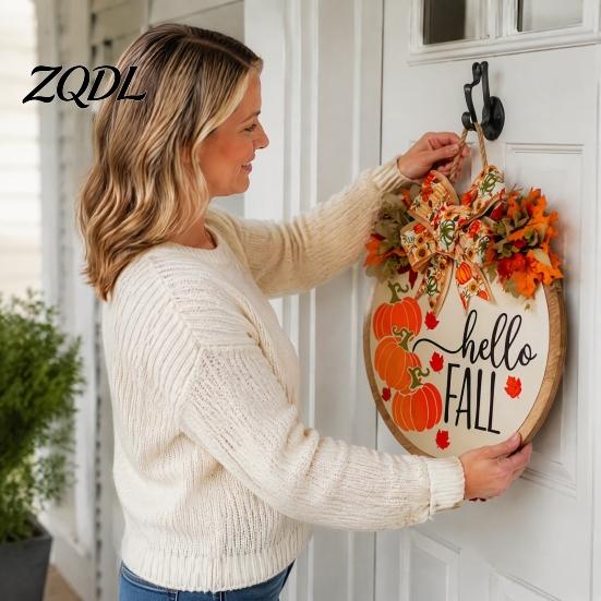 Harvest Festival Decor Hello Fall Door Hanger, Wooden Pumpkin Welcome Sign with Bow, Solid Wood Home Rustic Autumn Wreath for Thanksgiving Front Porch