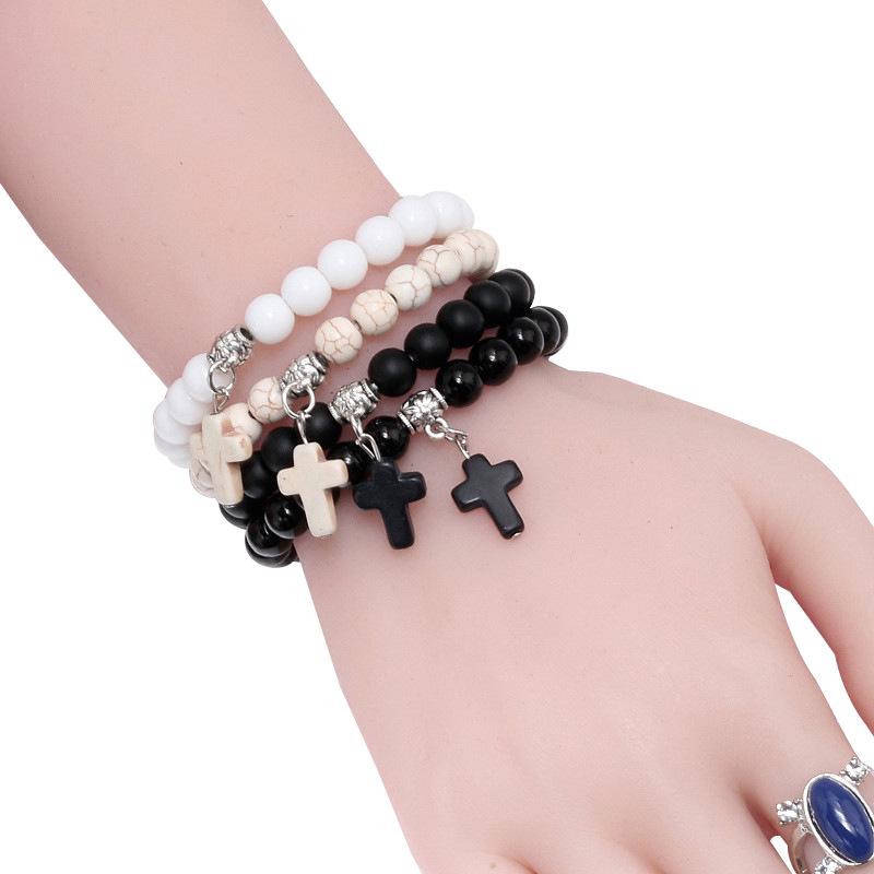 Turquoise Lava Stone Cross Pendant Bracelet with Elastic Cord