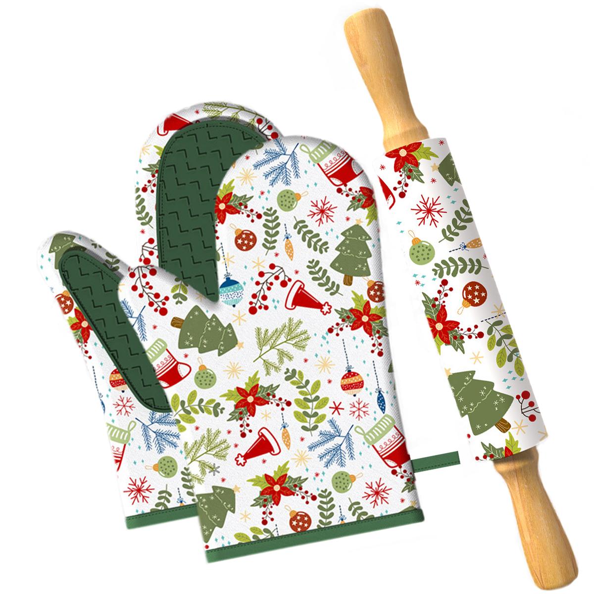 

Рождественский набор для выпечки Leeseph, 2 праздничные прихватки и праздничная скалка, идеально подходит для приготовления рождественского печенья, праздничной выпечки