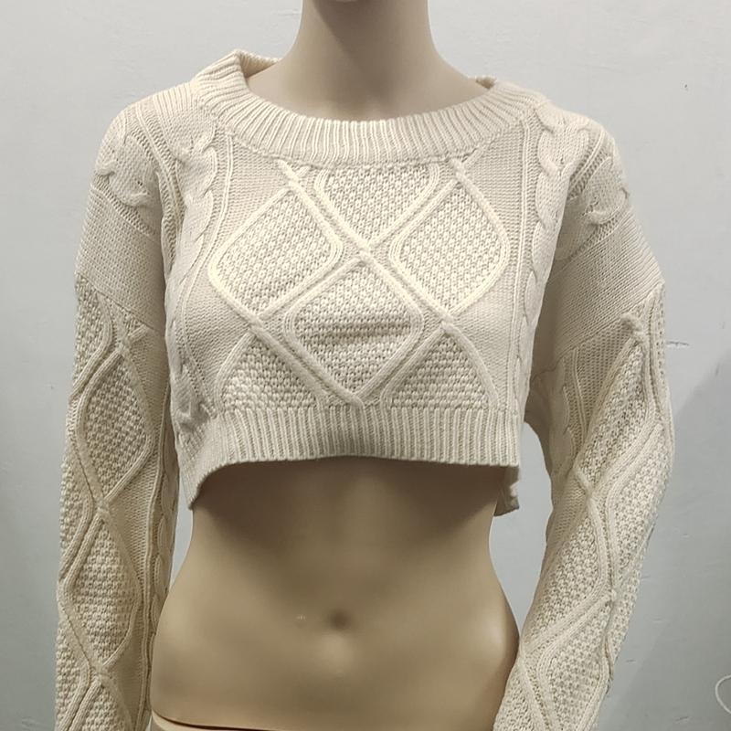 

Дизайнерский укороченный свитер для женщин, длинный рукав, свободный свитер, осень-зима, вязаный свитер с узором «аргайл», укороченный топ Y2K, уличная одежда M бежевый