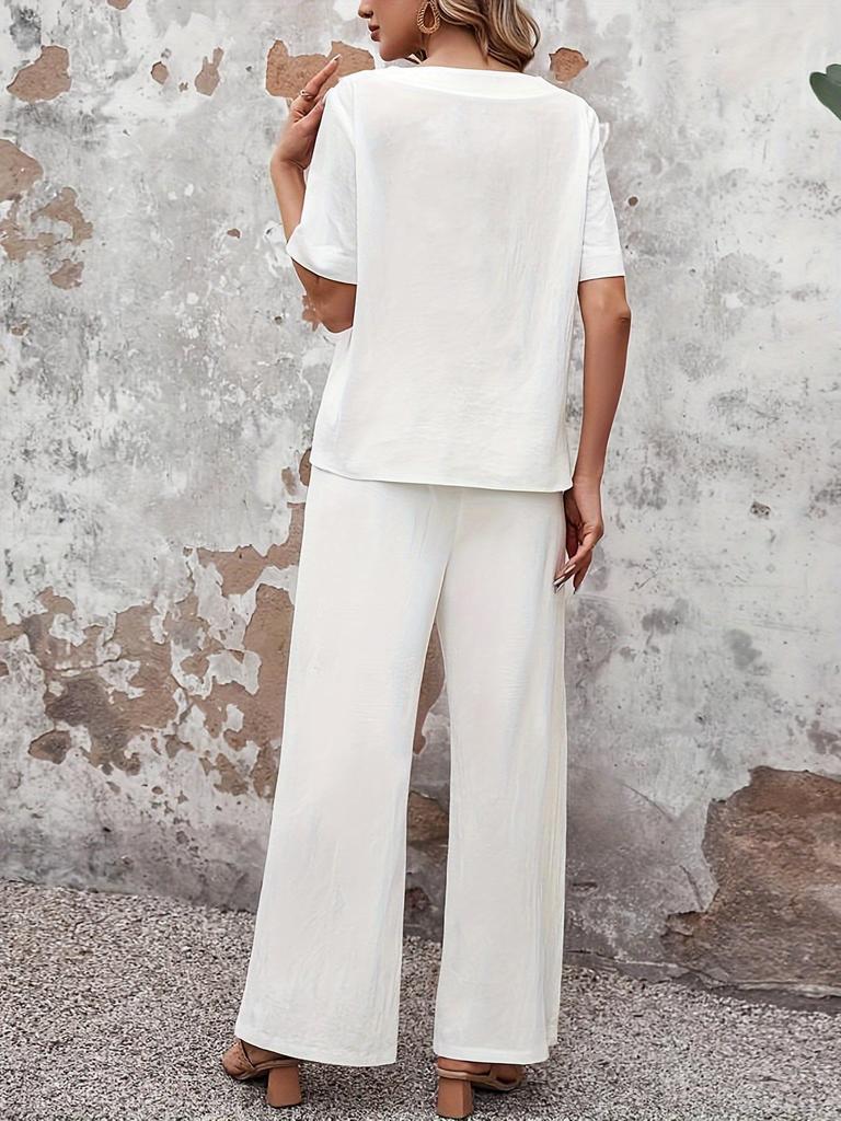 Elegant Button-Decorated Solid Color Top & Pants Set | Fashionable 2025 Collection