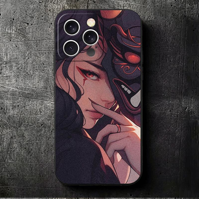 Japanese Oni Mask Girl Soft Phone Case for iPhone 16 16E 17 Air 15 Pro Max 14 Plus 13 Mini 11 12 7 Black Cover Back Shell