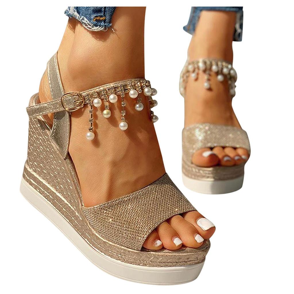 Women Ladies Fashion Wedges Platforms Crystal Pearl High Heels Shoes Sandals