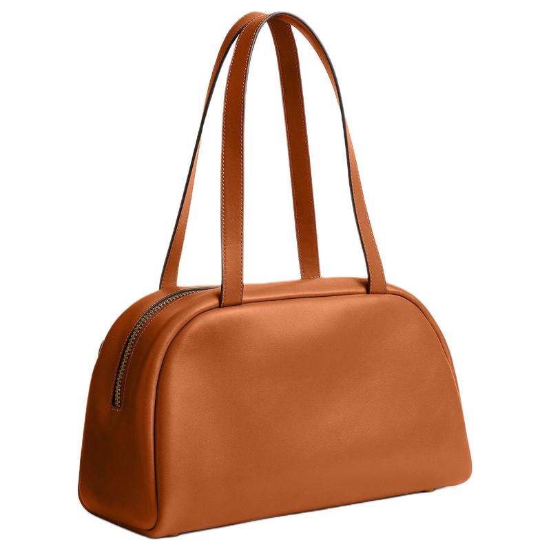 Coach Twin Turnlock 33 Solid Color Classic Cow Leather Handbag Large Women's Toffee