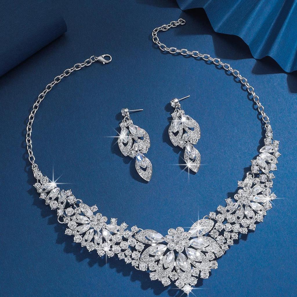 European & American Bridal Crystal Flower Necklace and Earrings Jewelry Set