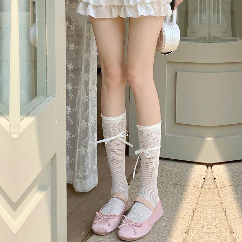 Women's Summer Thin Lace Bow Binding Lace Ballet Style Calf Pile Net Socks
