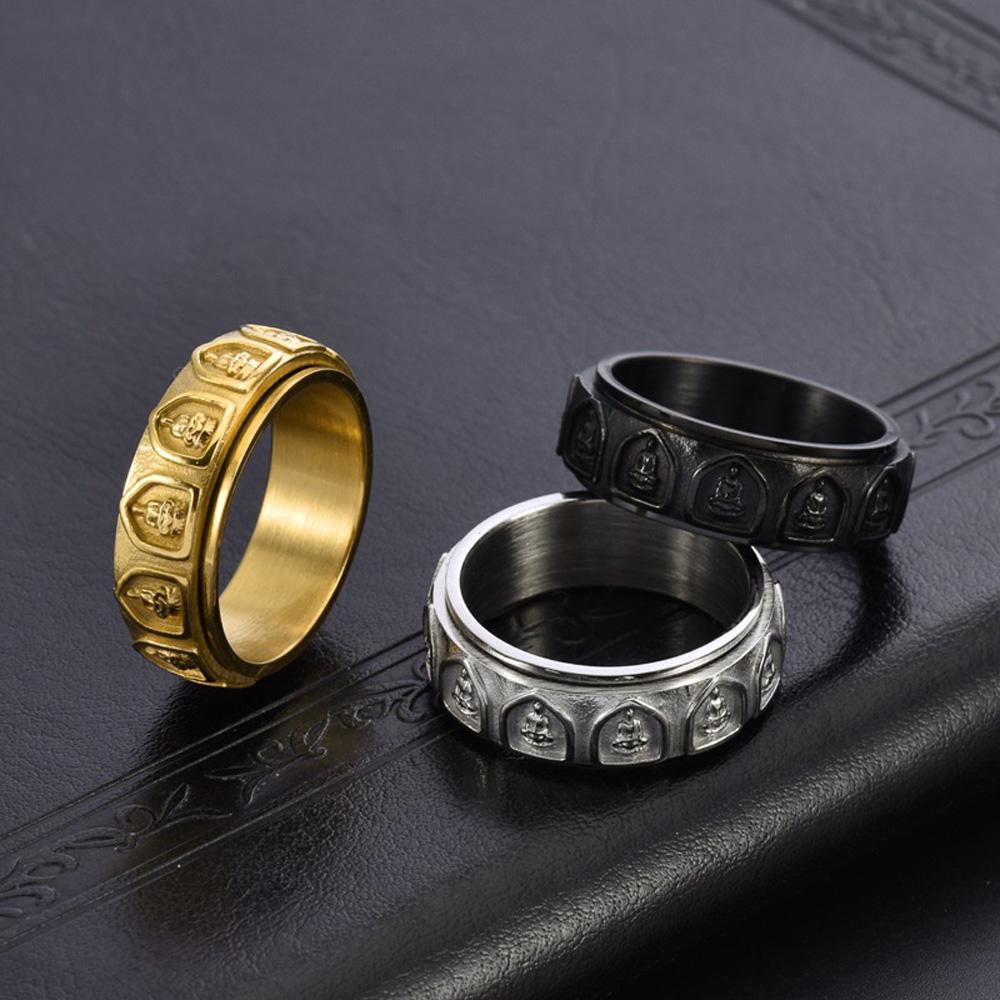 Men's 18K Gold Plated Titanium Steel Spinner Ring Buddhist Arhat Engraved Rotating Jewelry Meditation Gift for Men