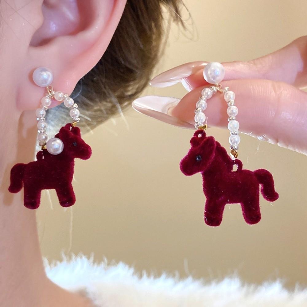 Cartoon Horse Horse Mascot Drop Earrings Fashion Jewelry Red Pony Earrings  Party