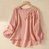 Women's Solid Color Cotton And Linen Long-sleeved Embroidered Retro Breathable T-shirt Round Neck Top