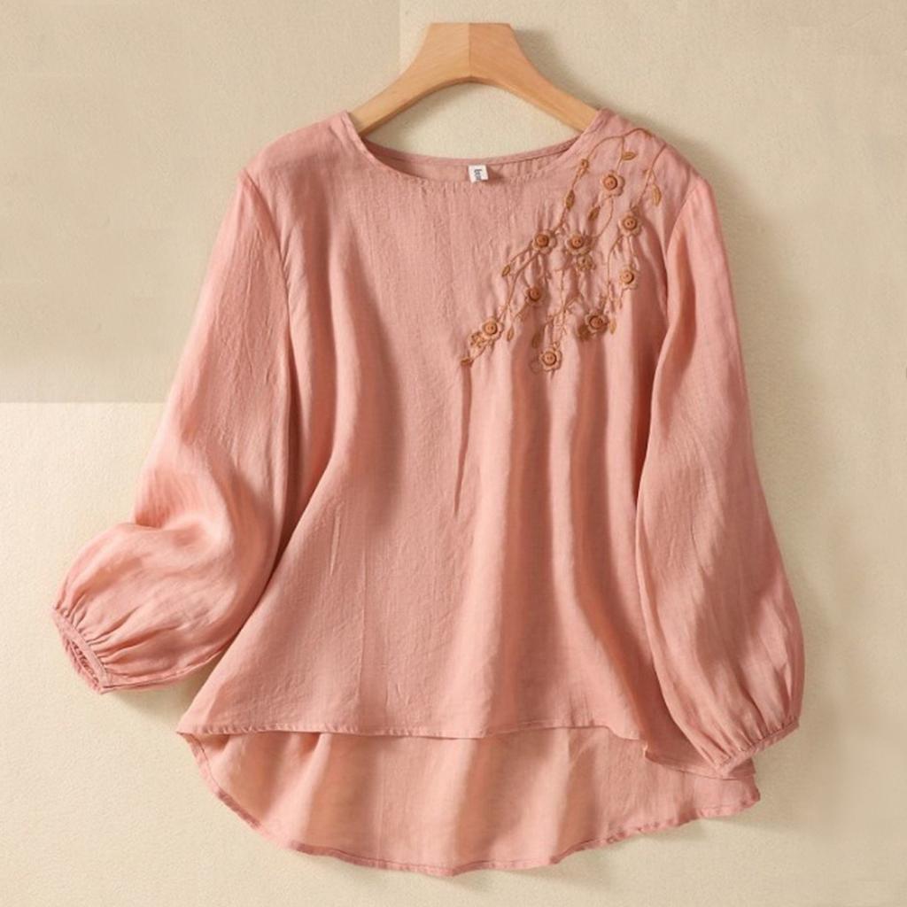Women's Solid Color Cotton And Linen Long-sleeved Embroidered Retro Breathable T-shirt Round Neck Top