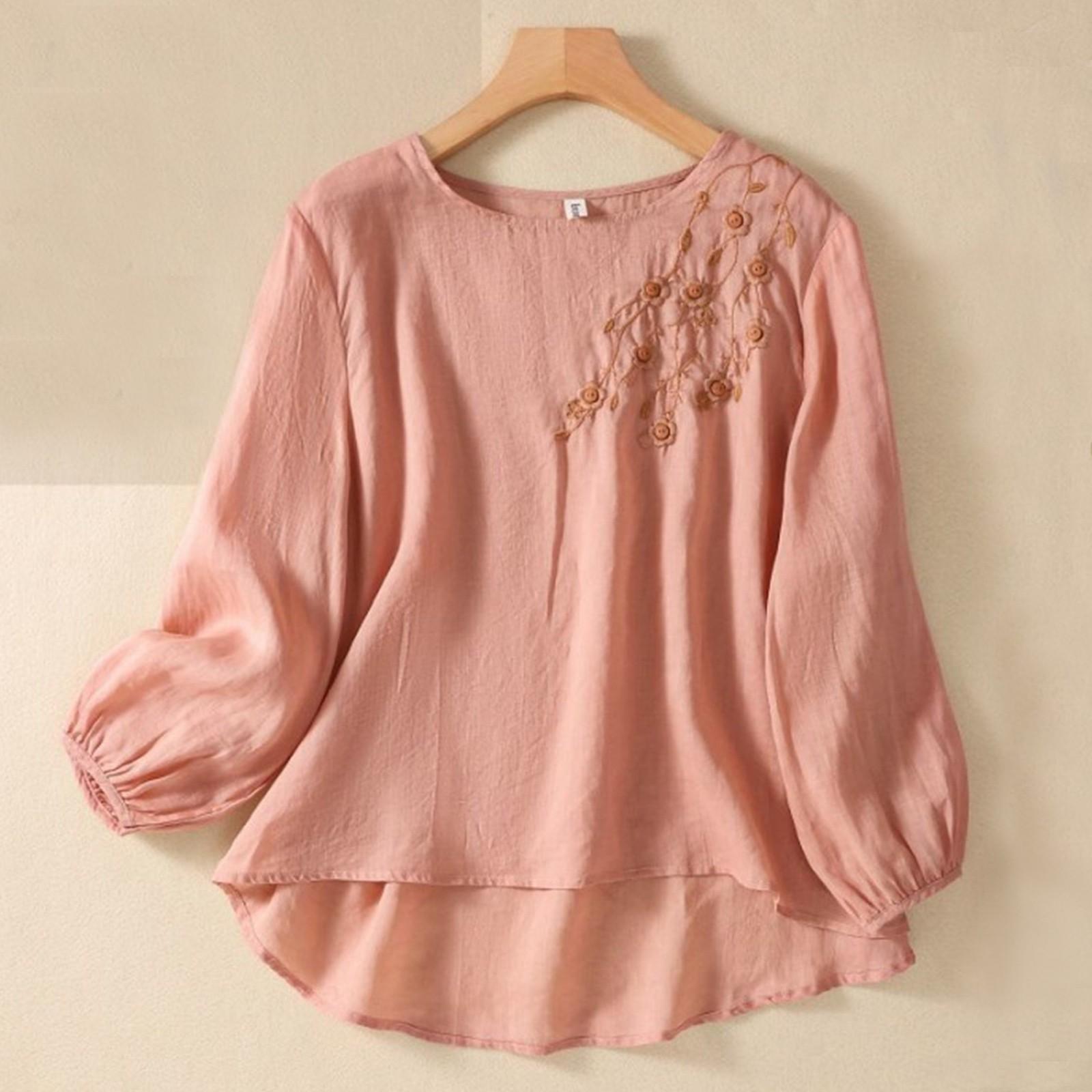 

Женская однотонная хлопковая и льняная футболка с длинными рукавами и вышивкой в стиле ретро с дышащей тканью и круглым вырезом XL розовый