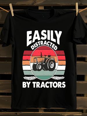 Easily Distracted By Tractors Funny Farming Tshirt
