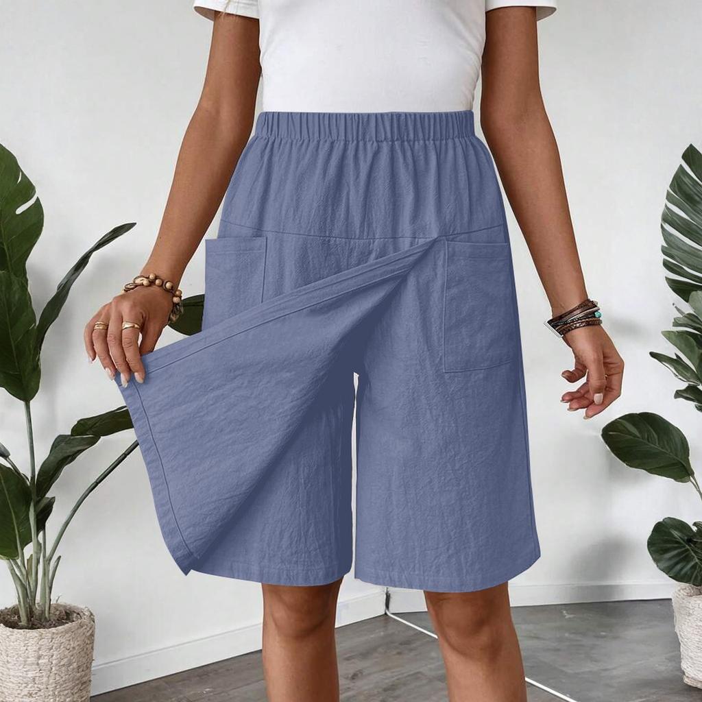 Women's Fashion Pants And Skirts Solid Color Elastic Waist Pocket Casual Shorts