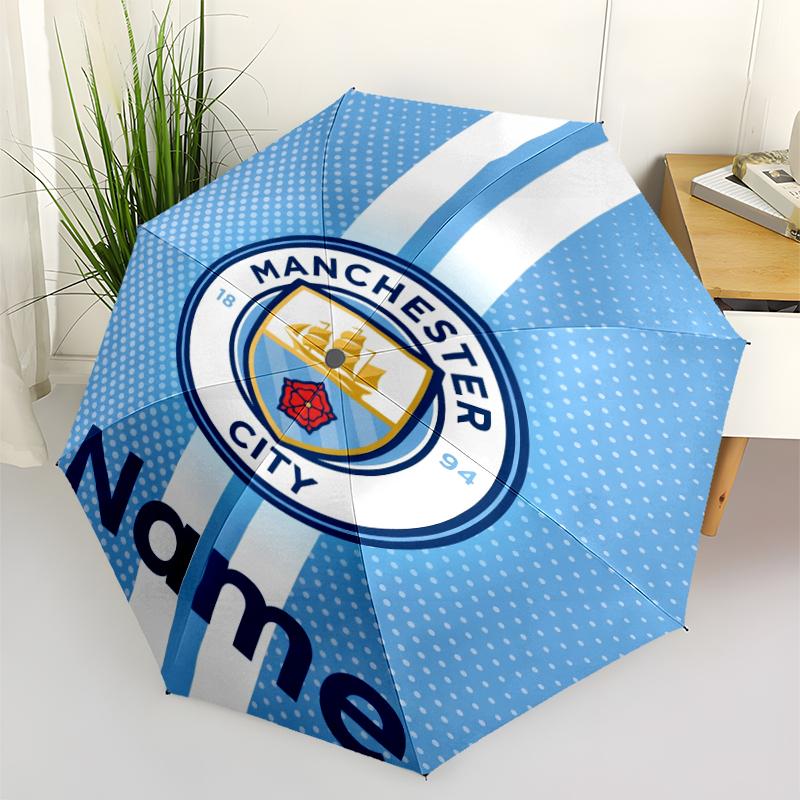 Automatisk Paraply med Personligt Navn og Manchester City Tema, Let & Bærbar, 8 Ribber, Perfekt til Udendørs Rejser, Fødselsdage, Jul, Gaver.