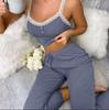 European and American Women's Lace Trim Pajama Set: Camisole & Long Pants Home Wear.
