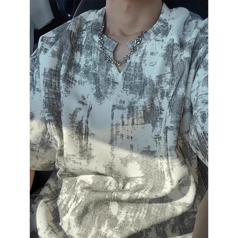 Men White Gray Ink Wash Print Notch Neck Short Sleeve T Shirt S белый
