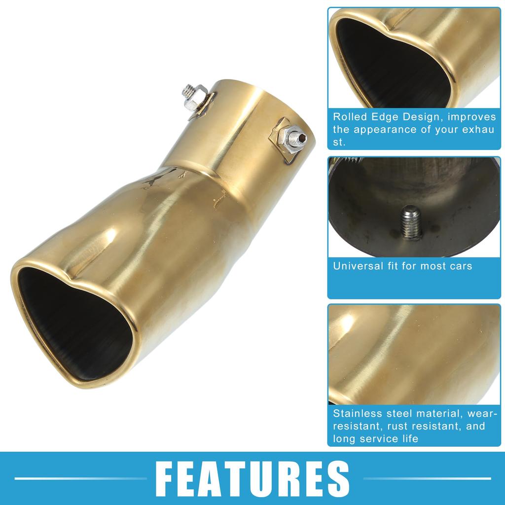 ABSOPRO Auto Zakřivená koncovka výfuku 61mm 69x61mm 190mm Tlumič Nerezová zlatavá Tvar srdce Koncovka, Vstup, Výstup, Délka, Šroubovací koncovka, Ocel,