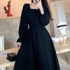 Mode Temperament Hepburn Stil Französisches Quadratkragen Kleid Schwarz Taille Schlank A-Linien Rock Langarm Kleines Schwarzes Kleid
