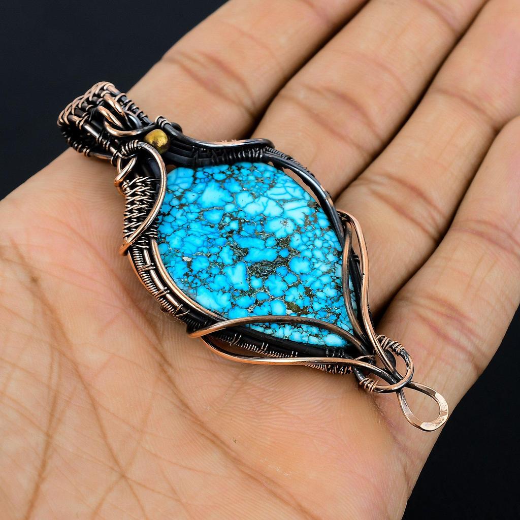 Tibetan Turquoise Pendant, 999 Copper Wire Wrapped Gemstone Jewelry, Handmade Pendant, For Thanksgiving