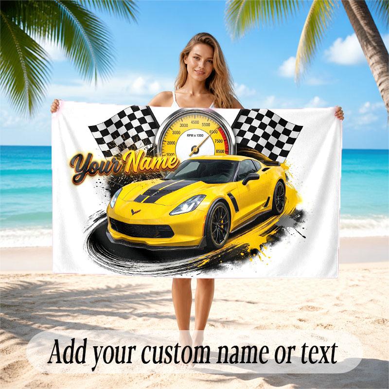 Car Racing Theme Beach Towel Personalized Custom Name & Text Soft Quick Dry Beach Towel for Swimming Travel