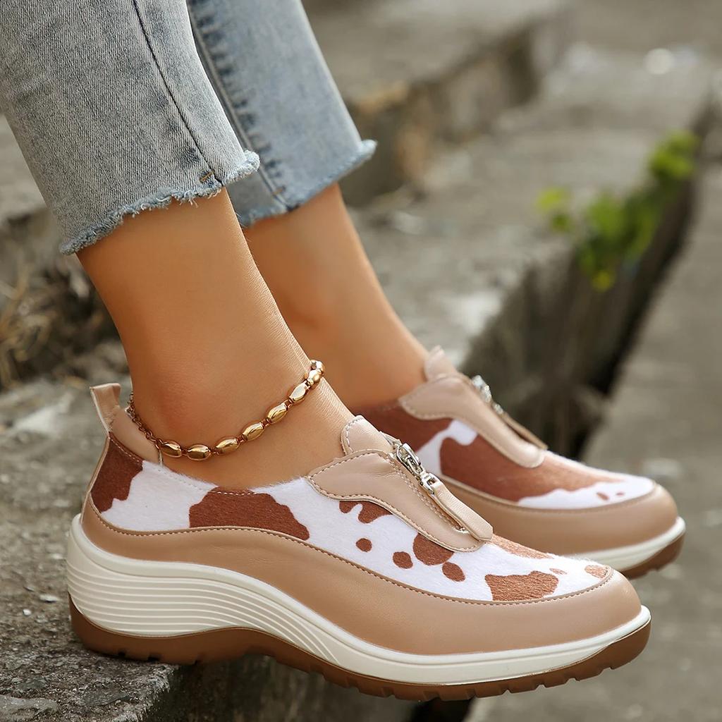 Women's Leopard Print Wedge Sneakers Fashion Front Zipper Platform Vulcanized Shoes Woman Plus Size Casual Comfort Sports Shoes