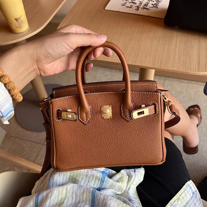 European and American Foreign Trade Models, First-layer Cowhide Lychee Pattern Platinum Bag, Genuine Leather Women's Bag Shoulder Crossbody Mini Bag