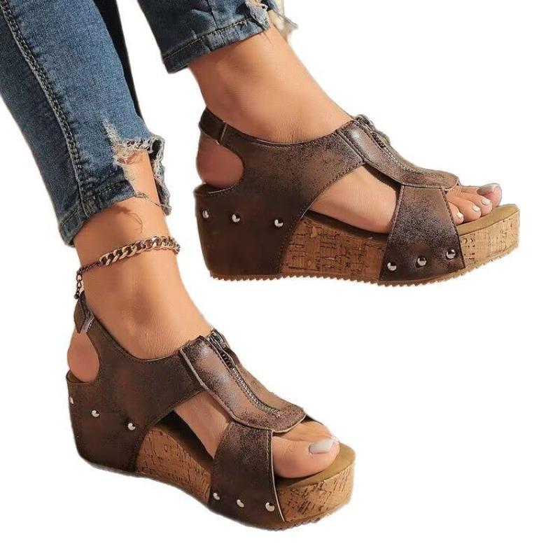 Summer New Muffin Platform Sandals Wedge Heel Fish Mouth Sandals One-word Large Size Rivet Open-toed Women's Shoes