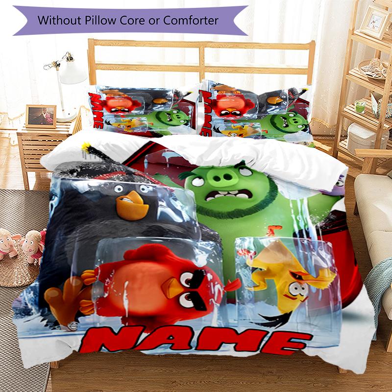 3pcs Custom Name Angry Birds game Bedding Set Duvet Cover Closure Includes 1 Duvet Cover & 2 Pillowcases for All Seasons Bedroom Decor