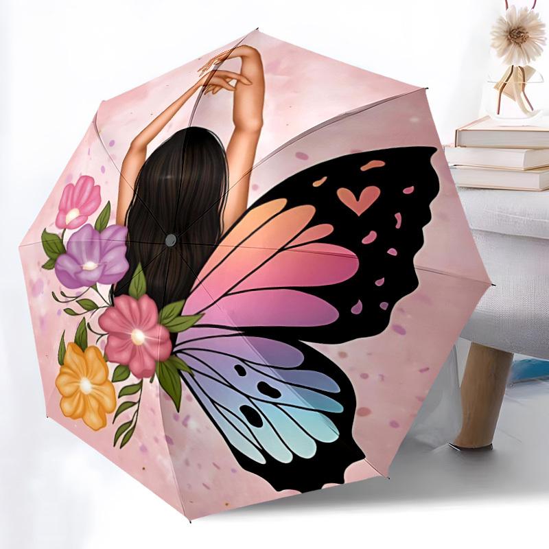 1PC Butterfly Flowers Automatic Folding Umbrella - Compact 8-Rib Design, Durable Plastic & Iron, Daily Use F010634