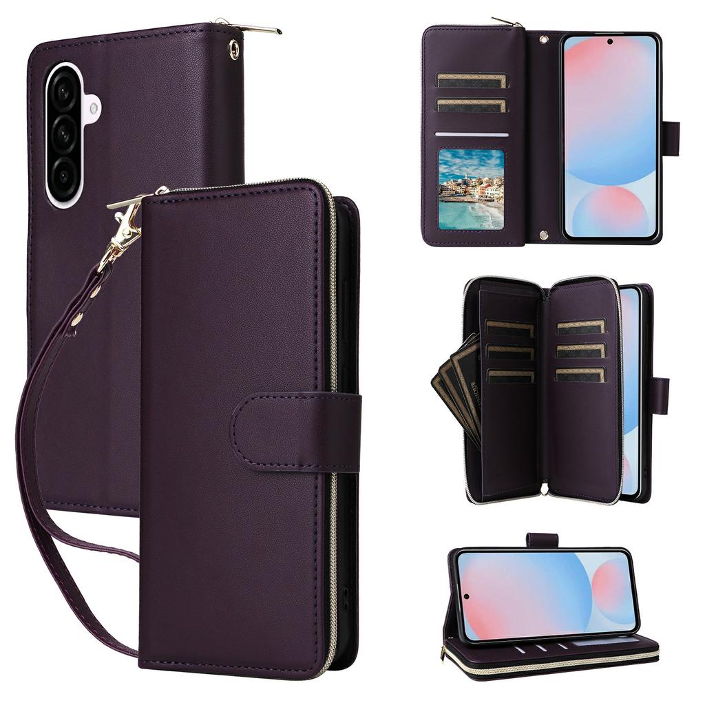 For Samsung Galaxy A57 5G Case 9 Card Slots Zipper Pocket PU Leather Phone Cover with Wrist Strap
