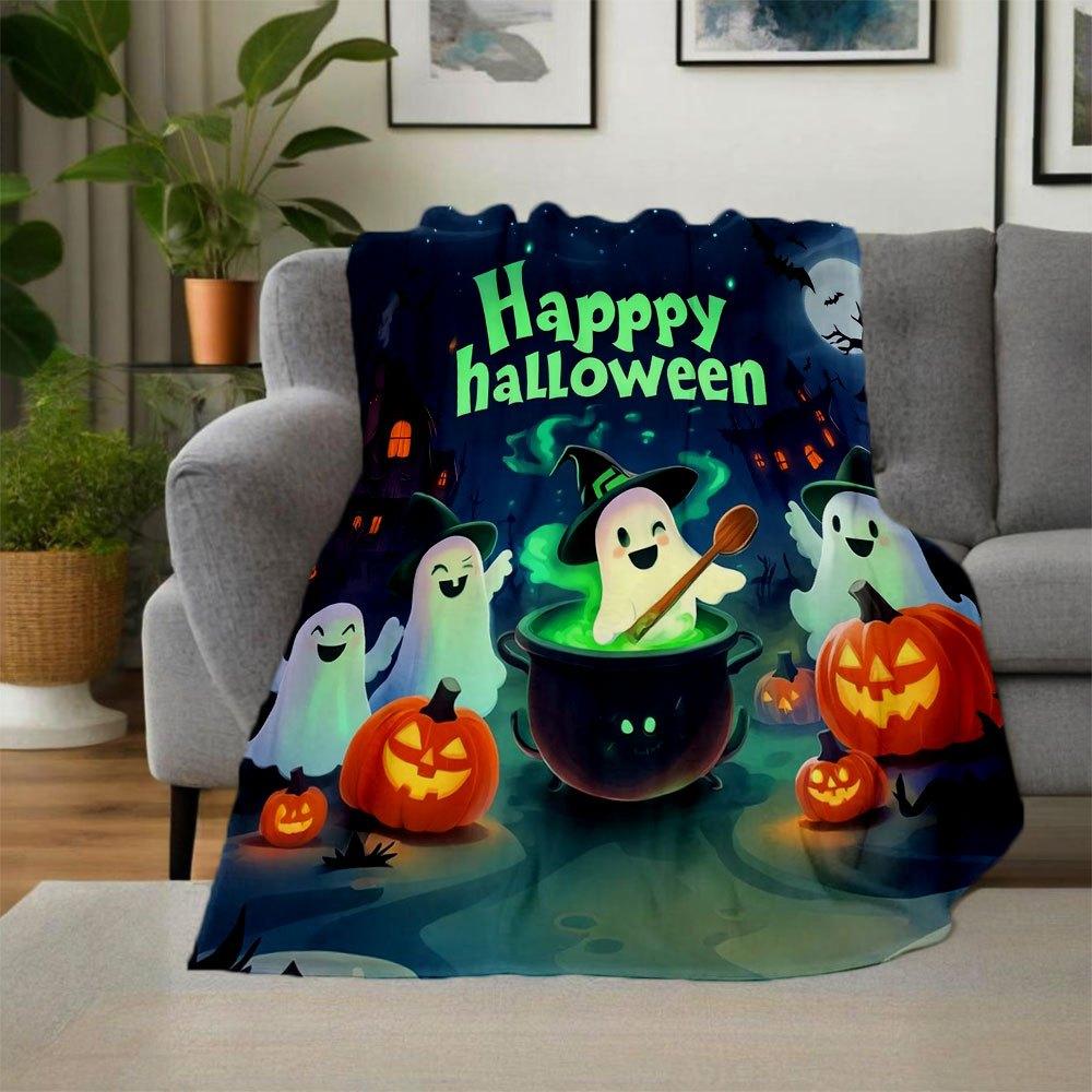 Halloween Ghosts and Pumpkins Cauldron Scene Kids PosterBlanket Flannel Throw Blanket for Sofa, Bed, Travel, Camping, Office