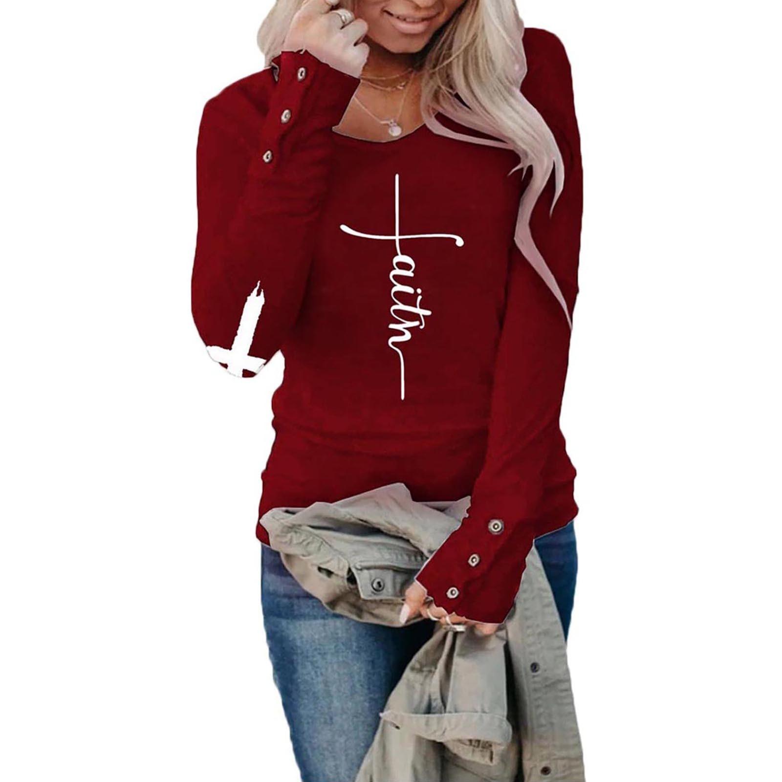 

Женские футболки с длинным рукавом, с круглым рукавом, повседневная графическая футболка с вертикальным крестом, XL винный