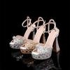 Fashion 14CM Style Rhinestone Sequined Peep Toe Women Gladiator Sandals Summer Elegant High Heels Crystal Wedding Banquet Bridal Shoes