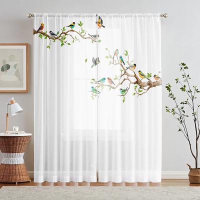 2 Parça HD Dijital Beyaz Dallı Kuş Baskılı Pencere Valansı Ev Dekorasyon Stili Dekorasyon Oturma Odası Yatak Odası Çubuklu Perde
