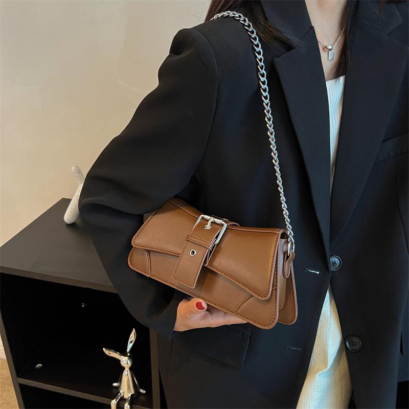 Einfarbig Damen Kette Schulter Seitentasche Kompakt PU Leder Handtasche Und Geldbörse Vintage Luxusmarke Damen Klappe Crossbody Sling Tasche